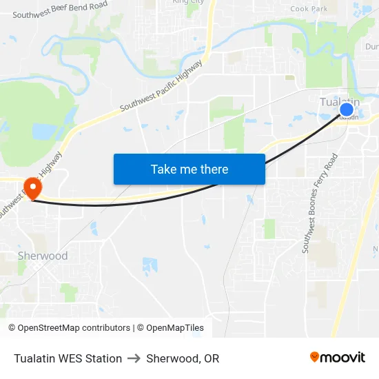 Tualatin WES Station to Sherwood, OR map