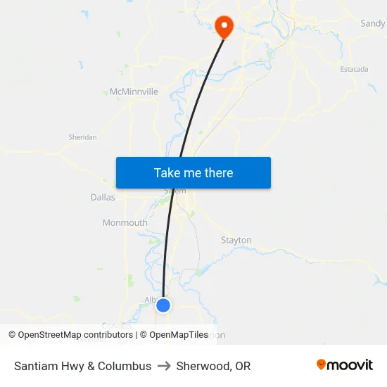 Santiam Hwy & Columbus to Sherwood, OR map