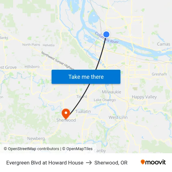 Evergreen Blvd at Howard House to Sherwood, OR map