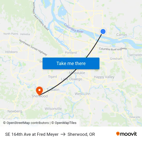 SE 164th Ave at Fred Meyer to Sherwood, OR map
