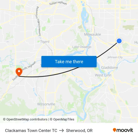 Clackamas Town Center TC to Sherwood, OR map