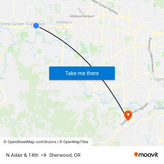 N Adair & 14th to Sherwood, OR map