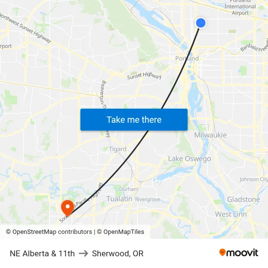NE Alberta & 11th to Sherwood, OR map