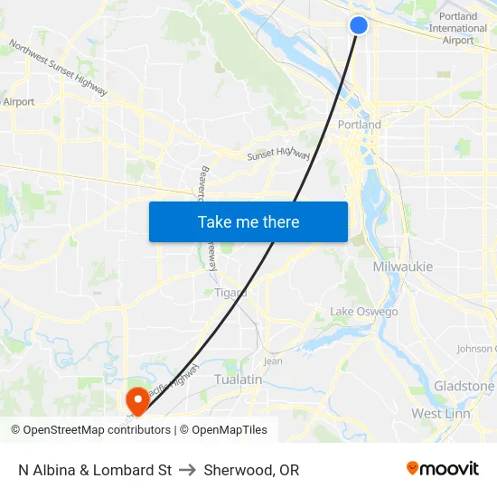 N Albina & Lombard St to Sherwood, OR map