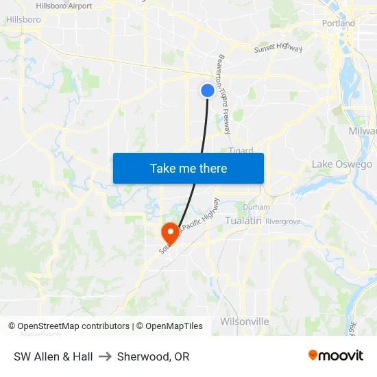 SW Allen & Hall to Sherwood, OR map