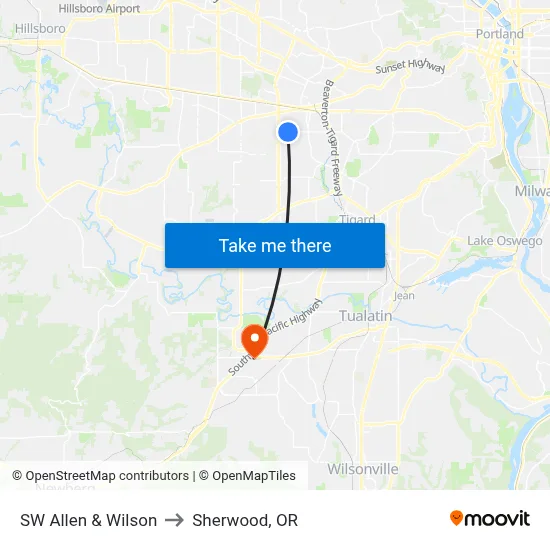 SW Allen & Wilson to Sherwood, OR map