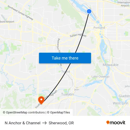 N Anchor & Channel to Sherwood, OR map