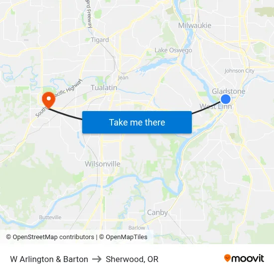 W Arlington & Barton to Sherwood, OR map