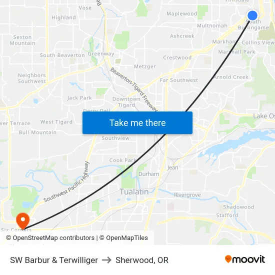 SW Barbur & Terwilliger to Sherwood, OR map