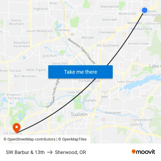 SW Barbur & 13th to Sherwood, OR map