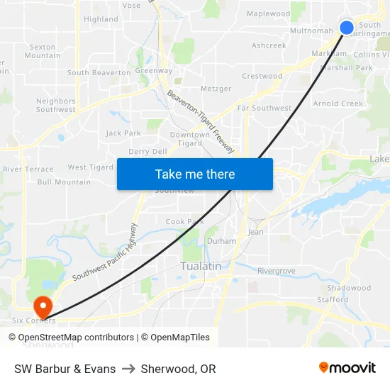 SW Barbur & Evans to Sherwood, OR map