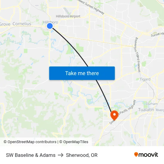 SW Baseline & Adams to Sherwood, OR map