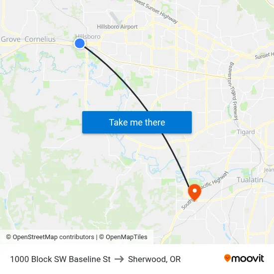 1000 Block SW Baseline St to Sherwood, OR map