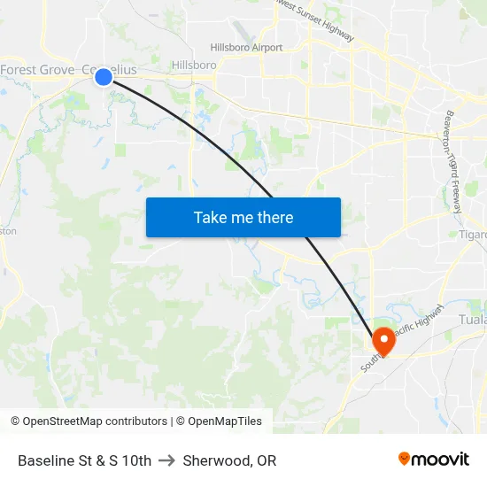 Baseline St & S 10th to Sherwood, OR map