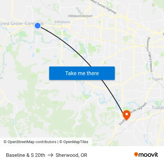Baseline & S 20th to Sherwood, OR map