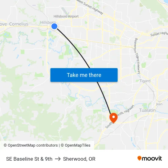 SE Baseline St & 9th to Sherwood, OR map