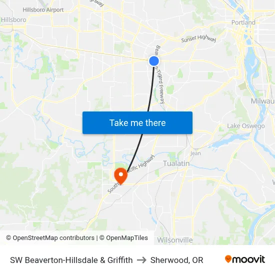 SW Beaverton-Hillsdale & Griffith to Sherwood, OR map