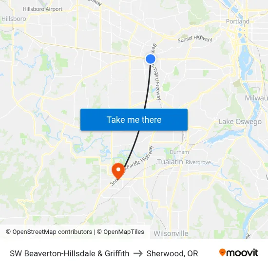SW Beaverton-Hillsdale & Griffith to Sherwood, OR map