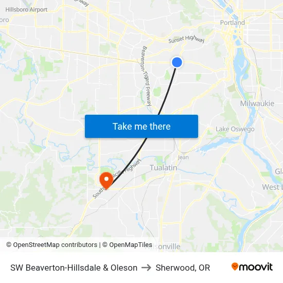 SW Beaverton-Hillsdale & Oleson to Sherwood, OR map
