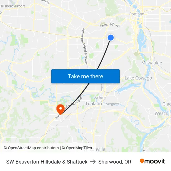 SW Beaverton-Hillsdale & Shattuck to Sherwood, OR map