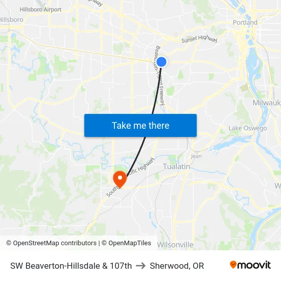 SW Beaverton-Hillsdale & 107th to Sherwood, OR map
