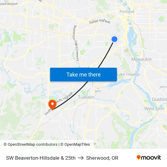 SW Beaverton-Hillsdale & 25th to Sherwood, OR map
