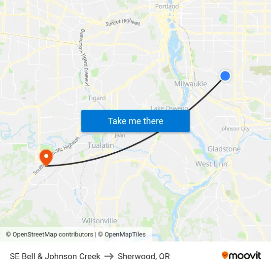 SE Bell & Johnson Creek to Sherwood, OR map