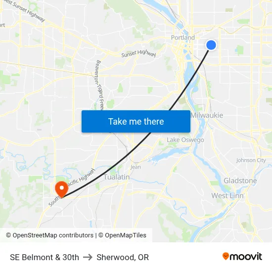 SE Belmont & 30th to Sherwood, OR map
