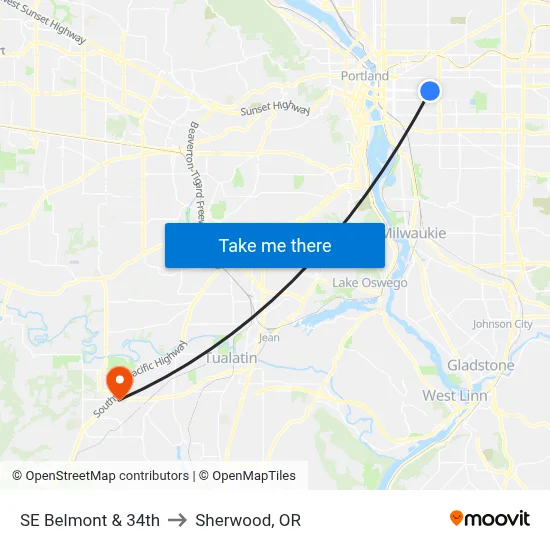 SE Belmont & 34th to Sherwood, OR map