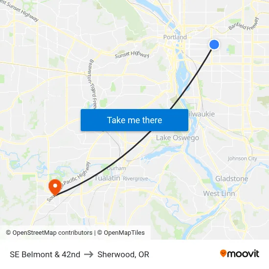 SE Belmont & 42nd to Sherwood, OR map