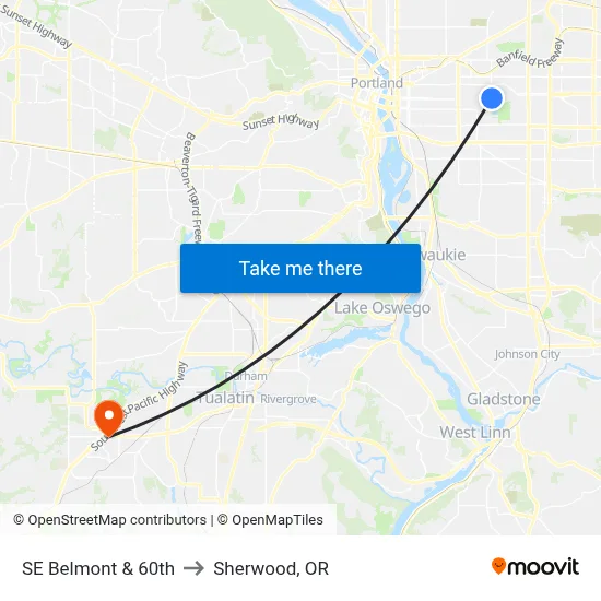 SE Belmont & 60th to Sherwood, OR map