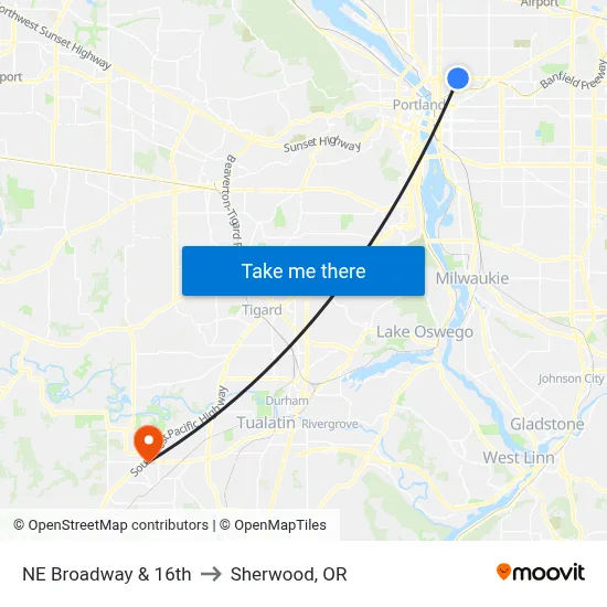 NE Broadway & 16th to Sherwood, OR map