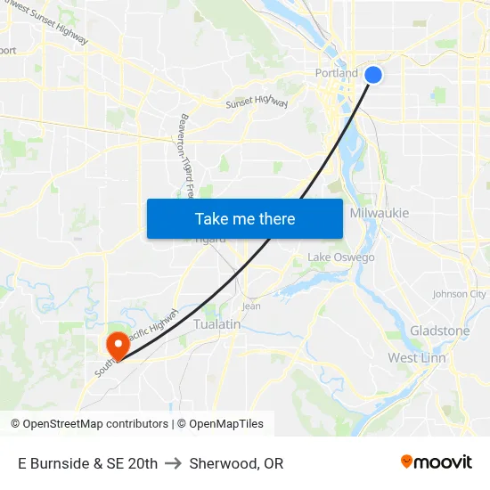 E Burnside & SE 20th to Sherwood, OR map