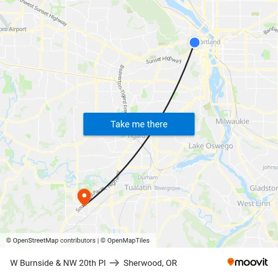 W Burnside & NW 20th Pl to Sherwood, OR map