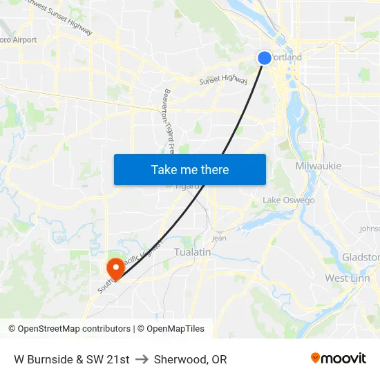 W Burnside & SW 21st to Sherwood, OR map