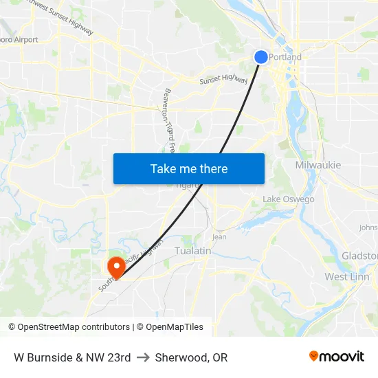 W Burnside & NW 23rd to Sherwood, OR map