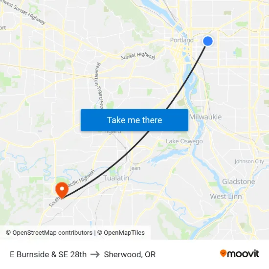 E Burnside & SE 28th to Sherwood, OR map