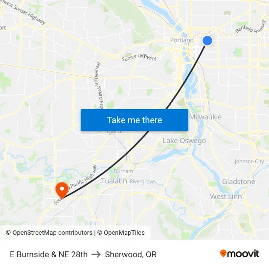 E Burnside & NE 28th to Sherwood, OR map