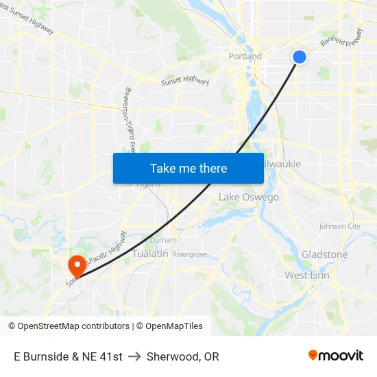 E Burnside & NE 41st to Sherwood, OR map