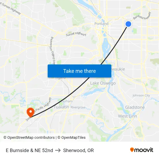 E Burnside & NE 52nd to Sherwood, OR map