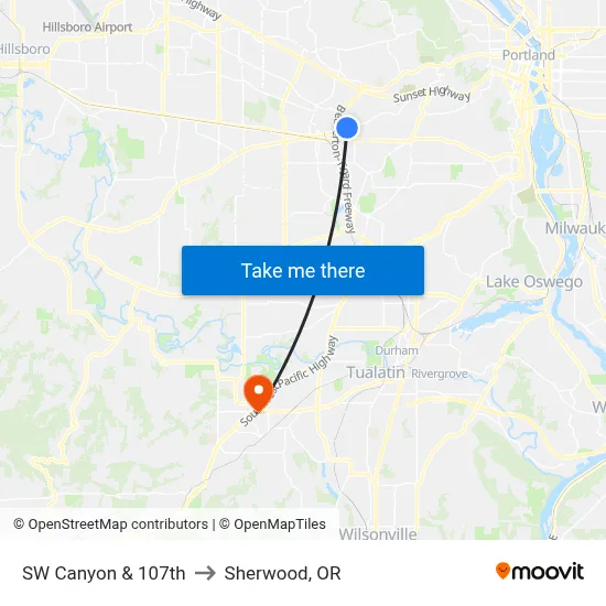 SW Canyon & 107th to Sherwood, OR map