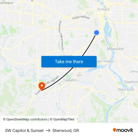 SW Capitol & Sunset to Sherwood, OR map