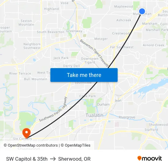 SW Capitol & 35th to Sherwood, OR map