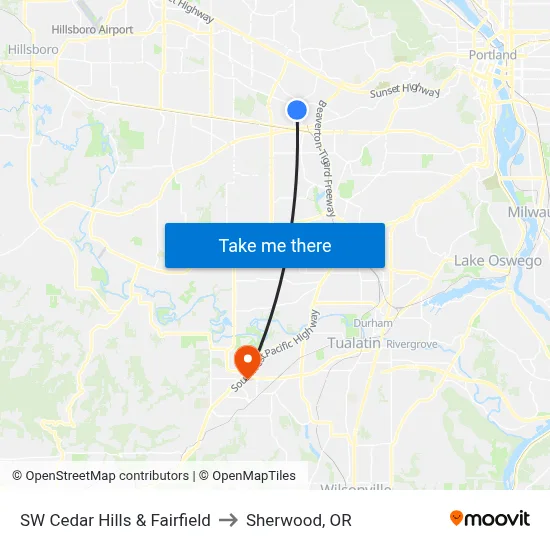SW Cedar Hills & Fairfield to Sherwood, OR map