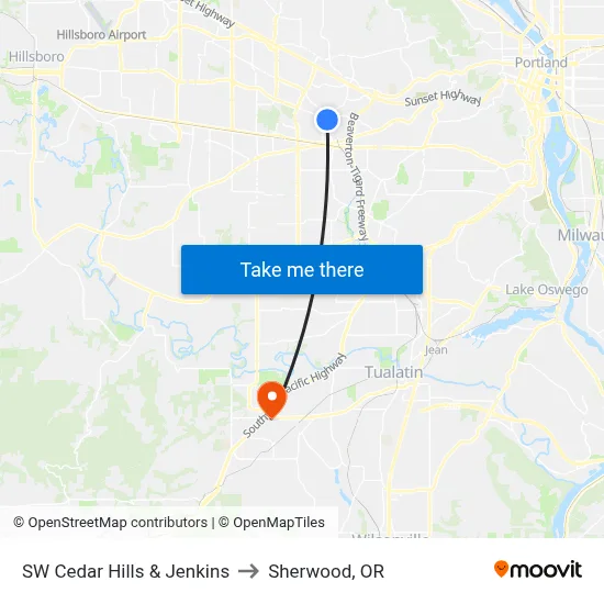 SW Cedar Hills & Jenkins to Sherwood, OR map