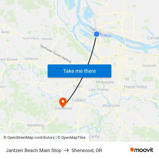 Jantzen Beach Main Stop to Sherwood, OR map