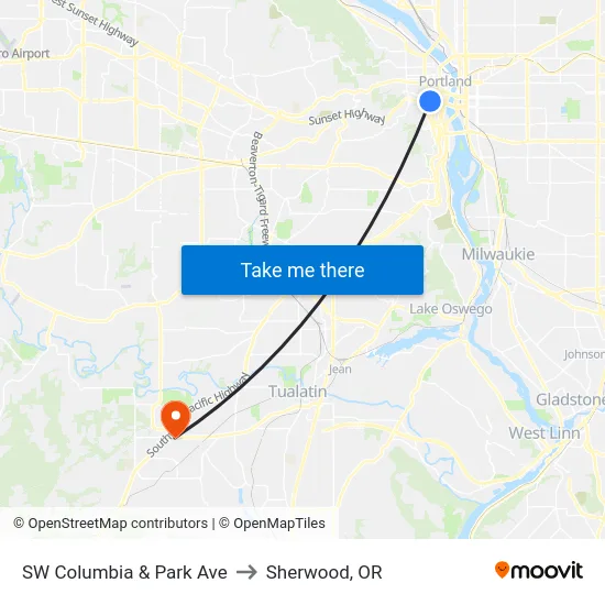 SW Columbia & Park Ave to Sherwood, OR map