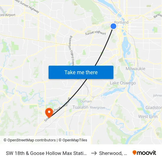 SW 18th & Goose Hollow Max Station to Sherwood, OR map