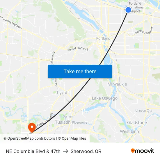 NE Columbia Blvd & 47th to Sherwood, OR map