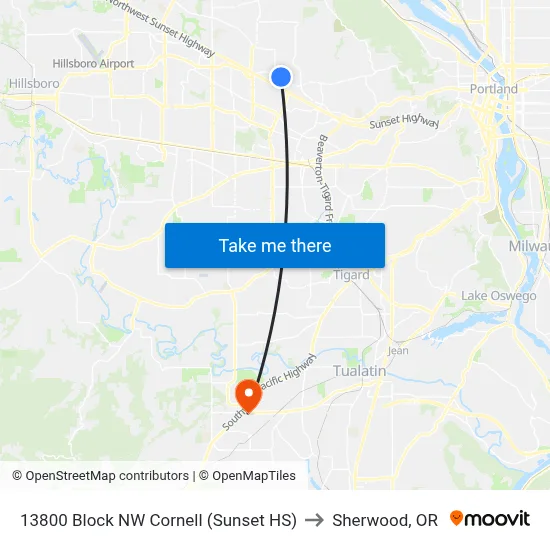 13800 Block NW Cornell (Sunset HS) to Sherwood, OR map